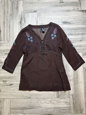Mix It Sheer Brown Embroidered V-Neck Tunic with Colorful Beaded Accents